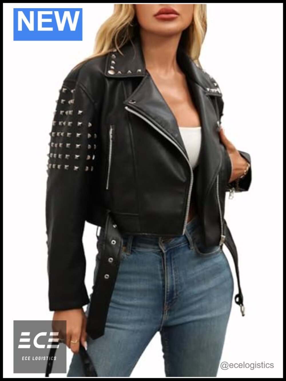 Faux Leather Moto Jacket Women Studded Biker Coat Asymmetrical Zip